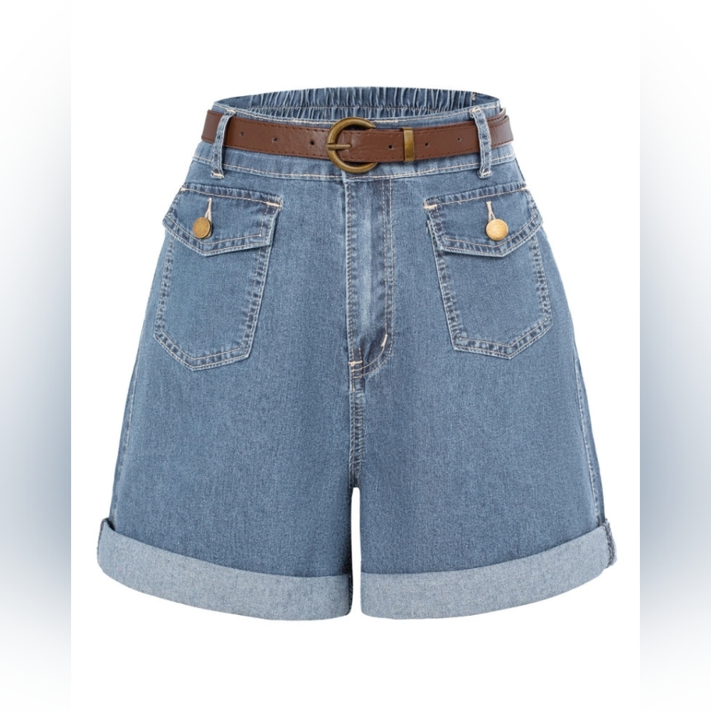 NWT - Belle Poque - Stretch Light Blue Bermuda Shorts with Belt - Size XL